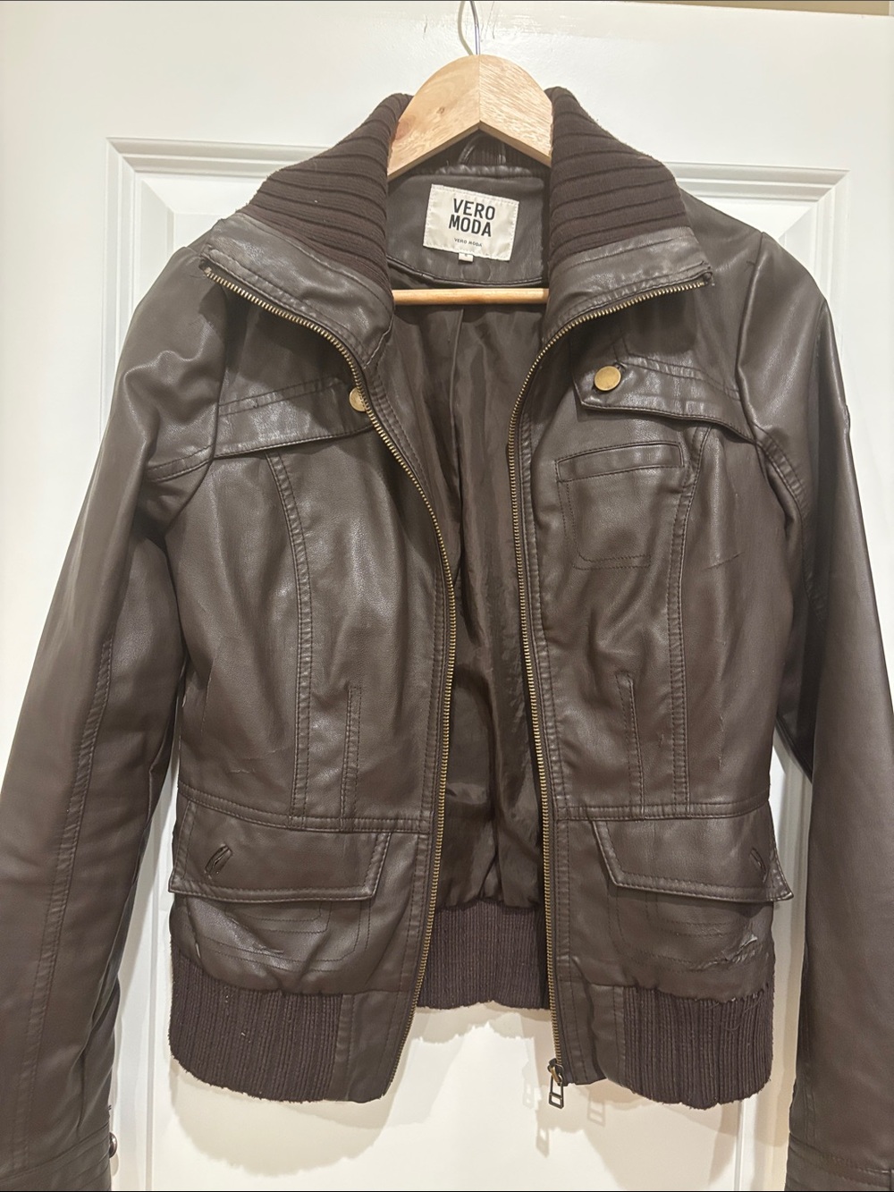 Vero Moda Men's Brown Faux Leather Bomber Jacket with Ribbed Collar